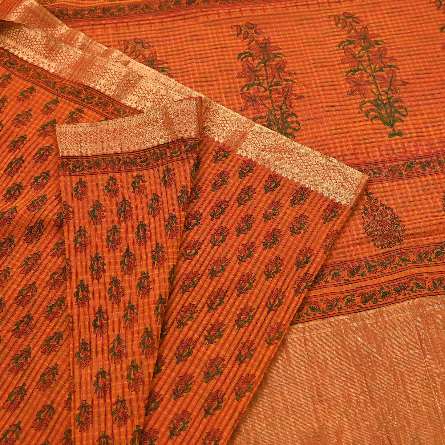 Indian Vintage Sari saffron & red Block Printed Pure Cotton Saree Craft Fabric 6Yd Sewing Sarong Wrap Boho Crafting Upcycle Quilting Zari