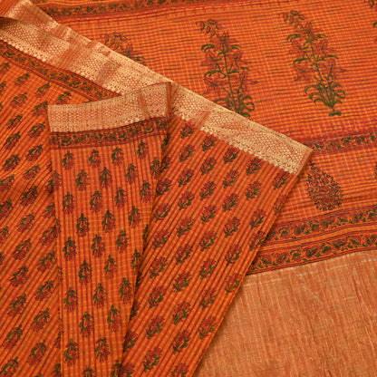 Indian Vintage Sari saffron & red Block Printed Pure Cotton Saree Craft Fabric 6Yd Sewing Sarong Wrap Boho Crafting Upcycle Quilting Zari