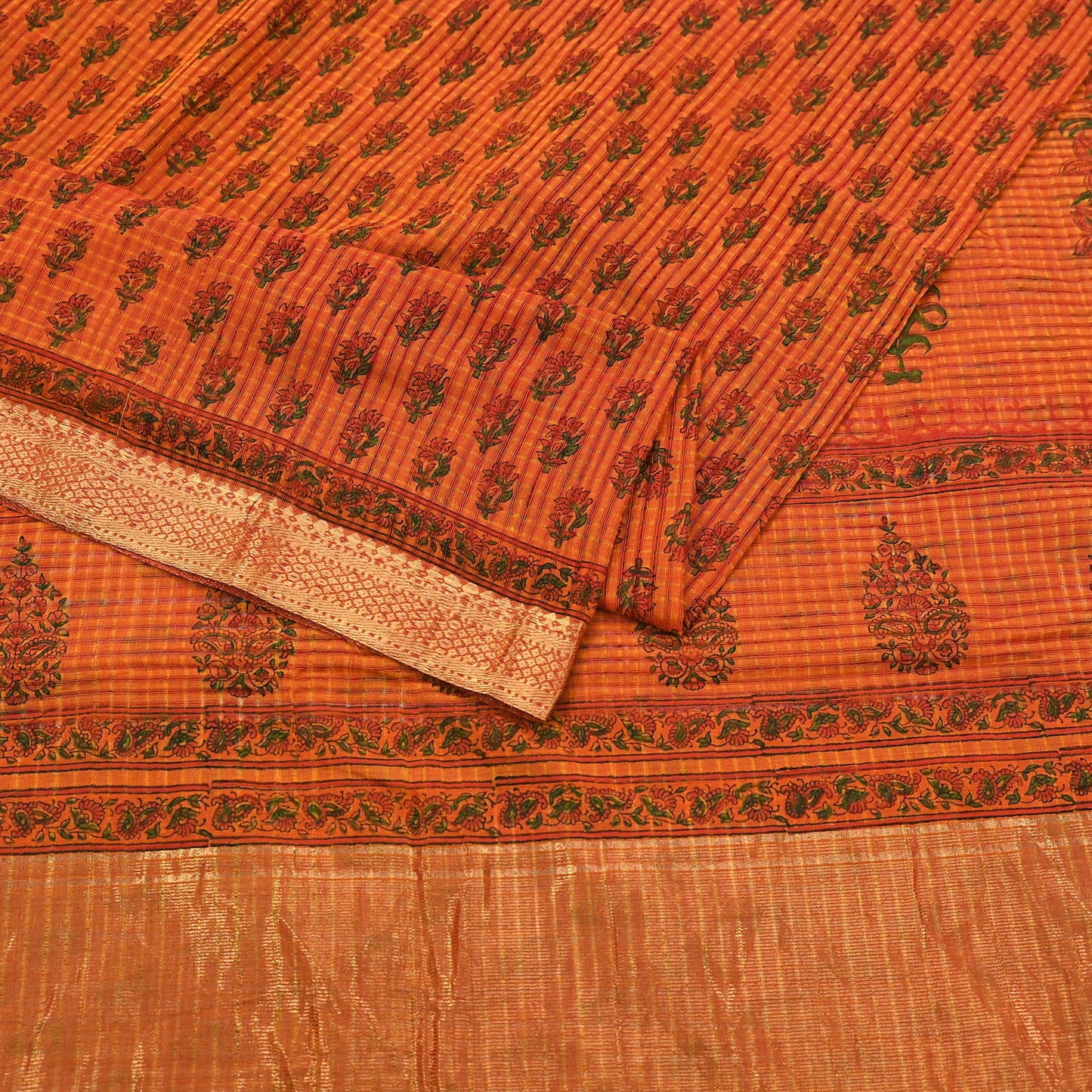 Indian Vintage Sari saffron & red Block Printed Pure Cotton Saree Craft Fabric 6Yd Sewing Sarong Wrap Boho Crafting Upcycle Quilting Zari