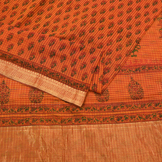 Indian Vintage Sari saffron & red Block Printed Pure Cotton Saree Craft Fabric 6Yd Sewing Sarong Wrap Boho Crafting Upcycle Quilting Zari
