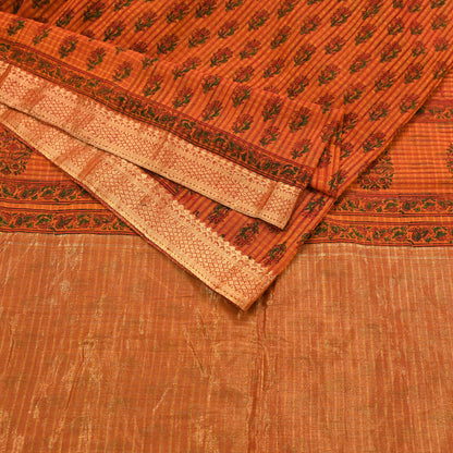 Indian Vintage Sari saffron & red Block Printed Pure Cotton Saree Craft Fabric 6Yd Sewing Sarong Wrap Boho Crafting Upcycle Quilting Zari