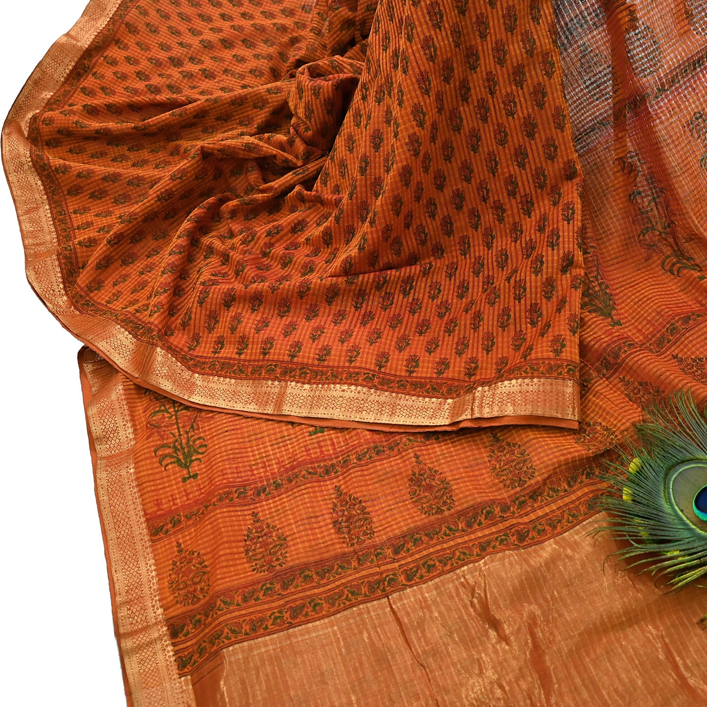 Indian Vintage Sari saffron & red Block Printed Pure Cotton Saree Craft Fabric 6Yd Sewing Sarong Wrap Boho Crafting Upcycle Quilting Zari