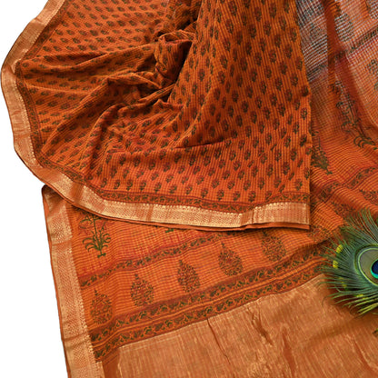 Indian Vintage Sari saffron & red Block Printed Pure Cotton Saree Craft Fabric 6Yd Sewing Sarong Wrap Boho Crafting Upcycle Quilting Zari