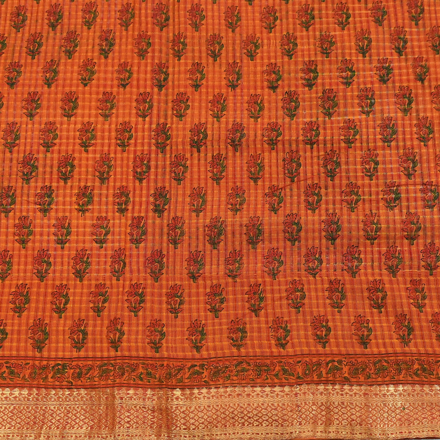 Indian Vintage Sari saffron & red Block Printed Pure Cotton Saree Craft Fabric 6Yd Sewing Sarong Wrap Boho Crafting Upcycle Quilting Zari