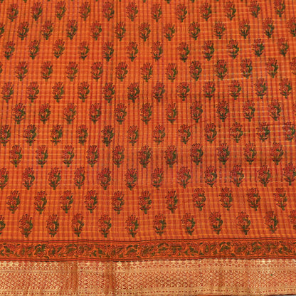 Indian Vintage Sari saffron & red Block Printed Pure Cotton Saree Craft Fabric 6Yd Sewing Sarong Wrap Boho Crafting Upcycle Quilting Zari