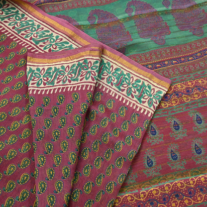 Indian Vintage Sari Pink chanderi Silk Bagru Printed Saree 5Yd Fabric Floral Soft Zari Border Ethnic Upcycle Crafting Dress making