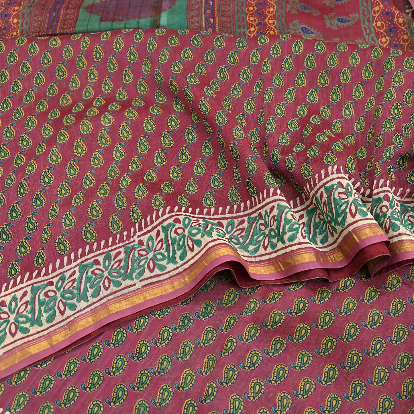 Indian Vintage Sari Pink chanderi Silk Bagru Printed Saree 5Yd Fabric Floral Soft Zari Border Ethnic Upcycle Crafting Dress making