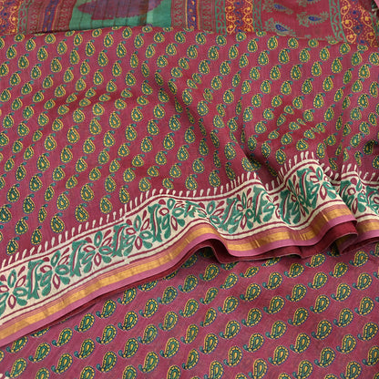 Indian Vintage Sari Pink chanderi Silk Bagru Printed Saree 5Yd Fabric Floral Soft Zari Border Ethnic Upcycle Crafting Dress making