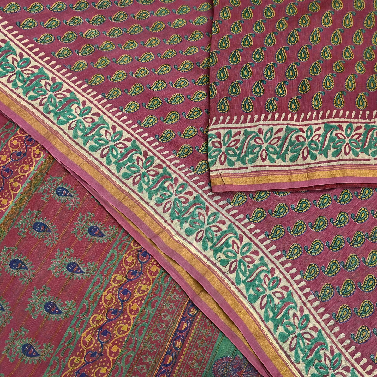 Indian Vintage Sari Pink chanderi Silk Bagru Printed Saree 5Yd Fabric Floral Soft Zari Border Ethnic Upcycle Crafting Dress making