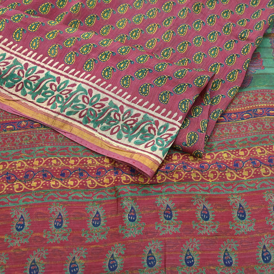 Indian Vintage Sari Pink chanderi Silk Bagru Printed Saree 5Yd Fabric Floral Soft Zari Border Ethnic Upcycle Crafting Dress making