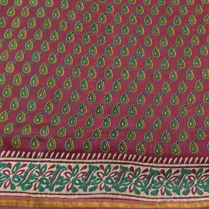 Indian Vintage Sari Pink chanderi Silk Bagru Printed Saree 5Yd Fabric Floral Soft Zari Border Ethnic Upcycle Crafting Dress making