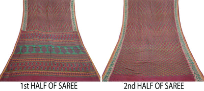 Indian Vintage Sari Pink chanderi Silk Bagru Printed Saree 5Yd Fabric Floral Soft Zari Border Ethnic Upcycle Crafting Dress making