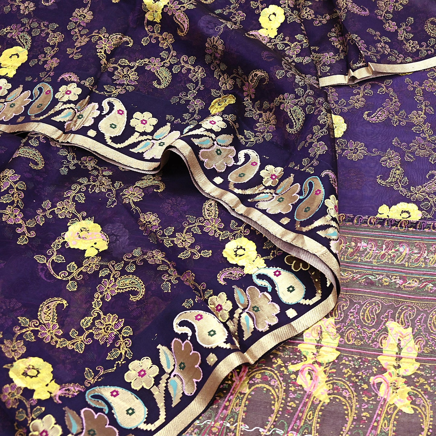 Indian Vintage Sari Purple Pure Organza Silk Hand painted Sarees 5Yd Zari Border Ethnic Craft Fabric Bollywood Sarees Quilting Crafting