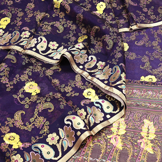 Indian Vintage Sari Purple Pure Organza Silk Hand painted Sarees 5Yd Zari Border Ethnic Craft Fabric Bollywood Sarees Quilting Crafting