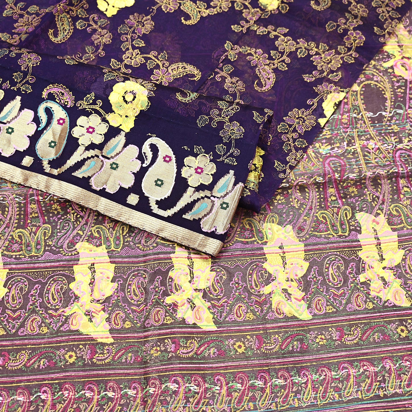 Indian Vintage Sari Purple Pure Organza Silk Hand painted Sarees 5Yd Zari Border Ethnic Craft Fabric Bollywood Sarees Quilting Crafting