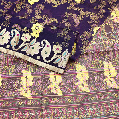 Indian Vintage Sari Purple Pure Organza Silk Hand painted Sarees 5Yd Zari Border Ethnic Craft Fabric Bollywood Sarees Quilting Crafting