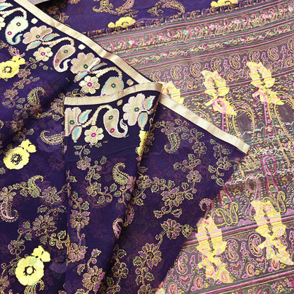 Indian Vintage Sari Purple Pure Organza Silk Hand painted Sarees 5Yd Zari Border Ethnic Craft Fabric Bollywood Sarees Quilting Crafting