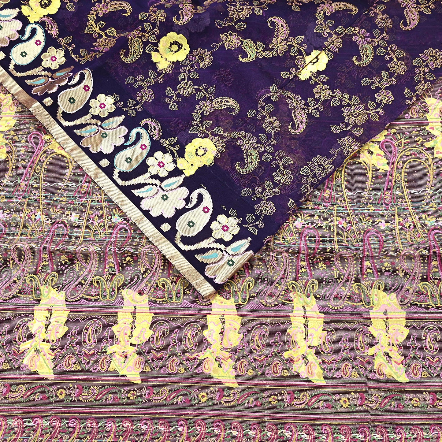Indian Vintage Sari Purple Pure Organza Silk Hand painted Sarees 5Yd Zari Border Ethnic Craft Fabric Bollywood Sarees Quilting Crafting