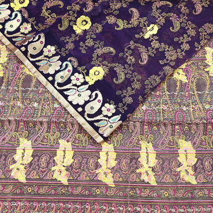 Indian Vintage Sari Purple Pure Organza Silk Hand painted Sarees 5Yd Zari Border Ethnic Craft Fabric Bollywood Sarees Quilting Crafting