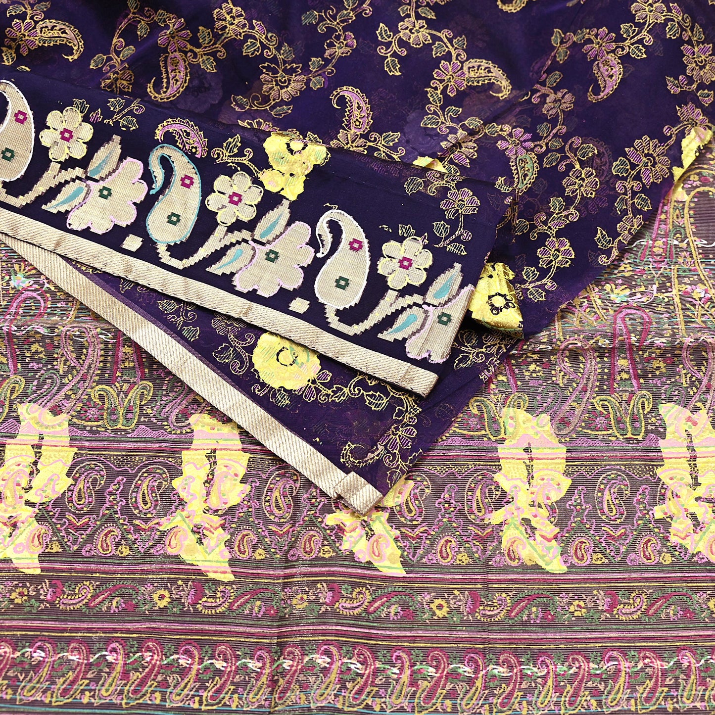 Indian Vintage Sari Purple Pure Organza Silk Hand painted Sarees 5Yd Zari Border Ethnic Craft Fabric Bollywood Sarees Quilting Crafting