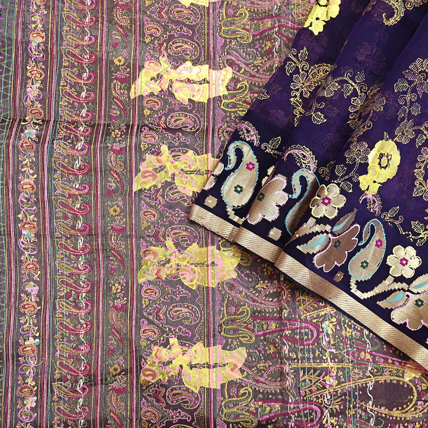 Indian Vintage Sari Purple Pure Organza Silk Hand painted Sarees 5Yd Zari Border Ethnic Craft Fabric Bollywood Sarees Quilting Crafting
