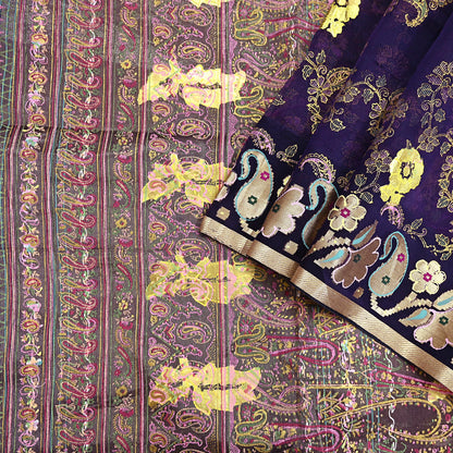 Indian Vintage Sari Purple Pure Organza Silk Hand painted Sarees 5Yd Zari Border Ethnic Craft Fabric Bollywood Sarees Quilting Crafting