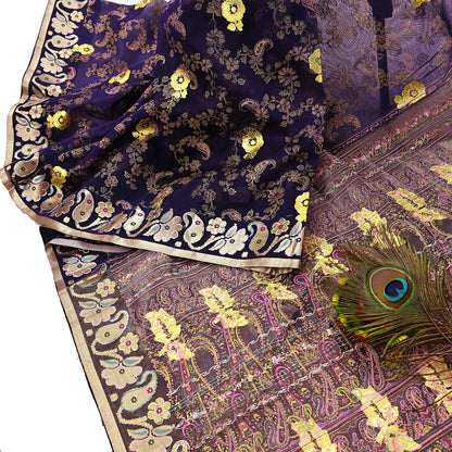 Indian Vintage Sari Purple Pure Organza Silk Hand painted Sarees 5Yd Zari Border Ethnic Craft Fabric Bollywood Sarees Quilting Crafting
