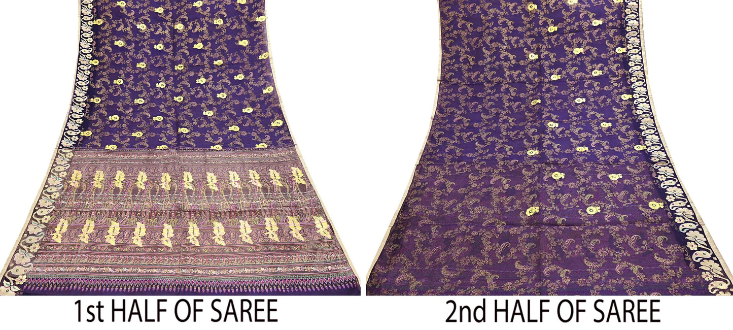 Indian Vintage Sari Purple Pure Organza Silk Hand painted Sarees 5Yd Zari Border Ethnic Craft Fabric Bollywood Sarees Quilting Crafting