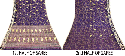 Indian Vintage Sari Purple Pure Organza Silk Hand painted Sarees 5Yd Zari Border Ethnic Craft Fabric Bollywood Sarees Quilting Crafting