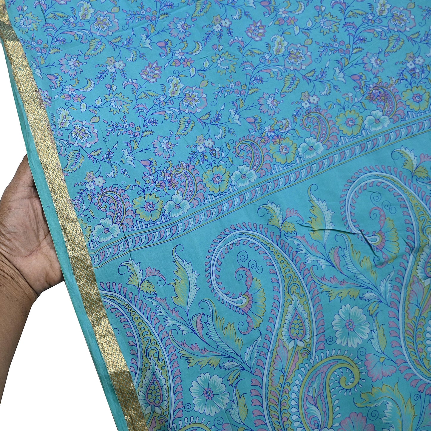 Vintage Turquoise Pure Silk Saree Indian Printed Silk Fabric 5 Yards Boho Craft Material for Sewing, Quilting, Dressmaking, Upcycling