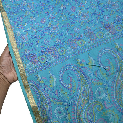 Vintage Turquoise Pure Silk Saree Indian Printed Silk Fabric 5 Yards Boho Craft Material for Sewing, Quilting, Dressmaking, Upcycling