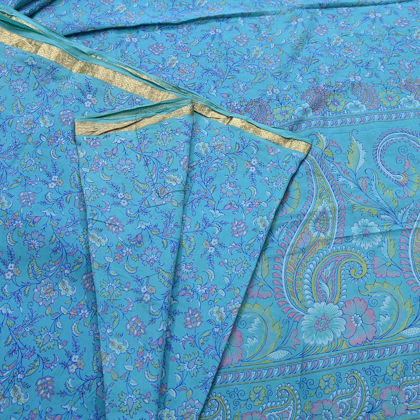 Vintage Turquoise Pure Silk Saree Indian Printed Silk Fabric 5 Yards Boho Craft Material for Sewing, Quilting, Dressmaking, Upcycling