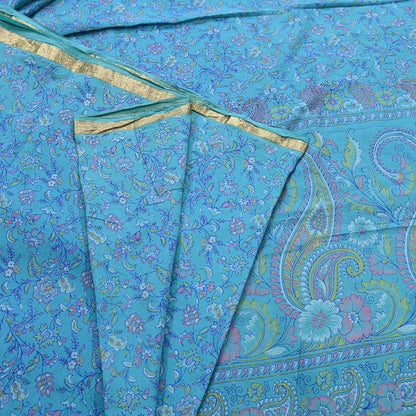 Vintage Turquoise Pure Silk Saree Indian Printed Silk Fabric 5 Yards Boho Craft Material for Sewing, Quilting, Dressmaking, Upcycling