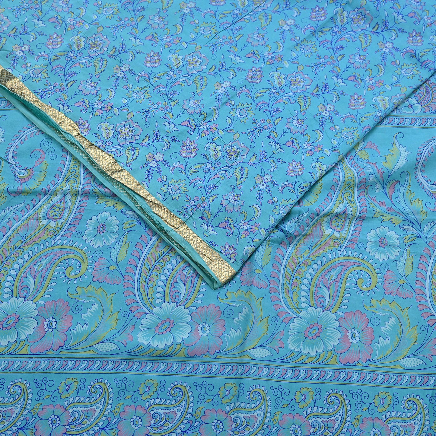 Vintage Turquoise Pure Silk Saree Indian Printed Silk Fabric 5 Yards Boho Craft Material for Sewing, Quilting, Dressmaking, Upcycling