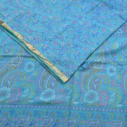 Vintage Turquoise Pure Silk Saree Indian Printed Silk Fabric 5 Yards Boho Craft Material for Sewing, Quilting, Dressmaking, Upcycling