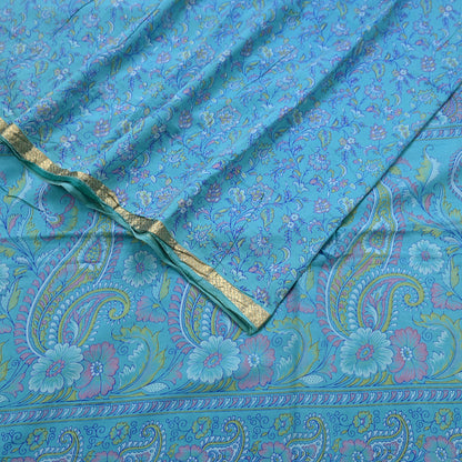 Vintage Turquoise Pure Silk Saree Indian Printed Silk Fabric 5 Yards Boho Craft Material for Sewing, Quilting, Dressmaking, Upcycling