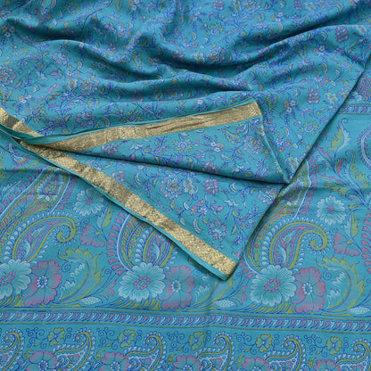 Vintage Turquoise Pure Silk Saree Indian Printed Silk Fabric 5 Yards Boho Craft Material for Sewing, Quilting, Dressmaking, Upcycling