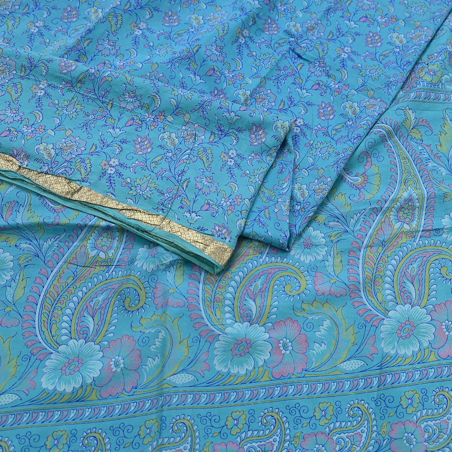 Vintage Turquoise Pure Silk Saree Indian Printed Silk Fabric 5 Yards Boho Craft Material for Sewing, Quilting, Dressmaking, Upcycling