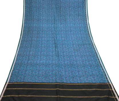 Vintage Sari Teal Blue Pure Silk Printed Saree Fabric 5yard Sewing Soft Dress Designing for Crafting Quilting Upcycle Soft Zari Border