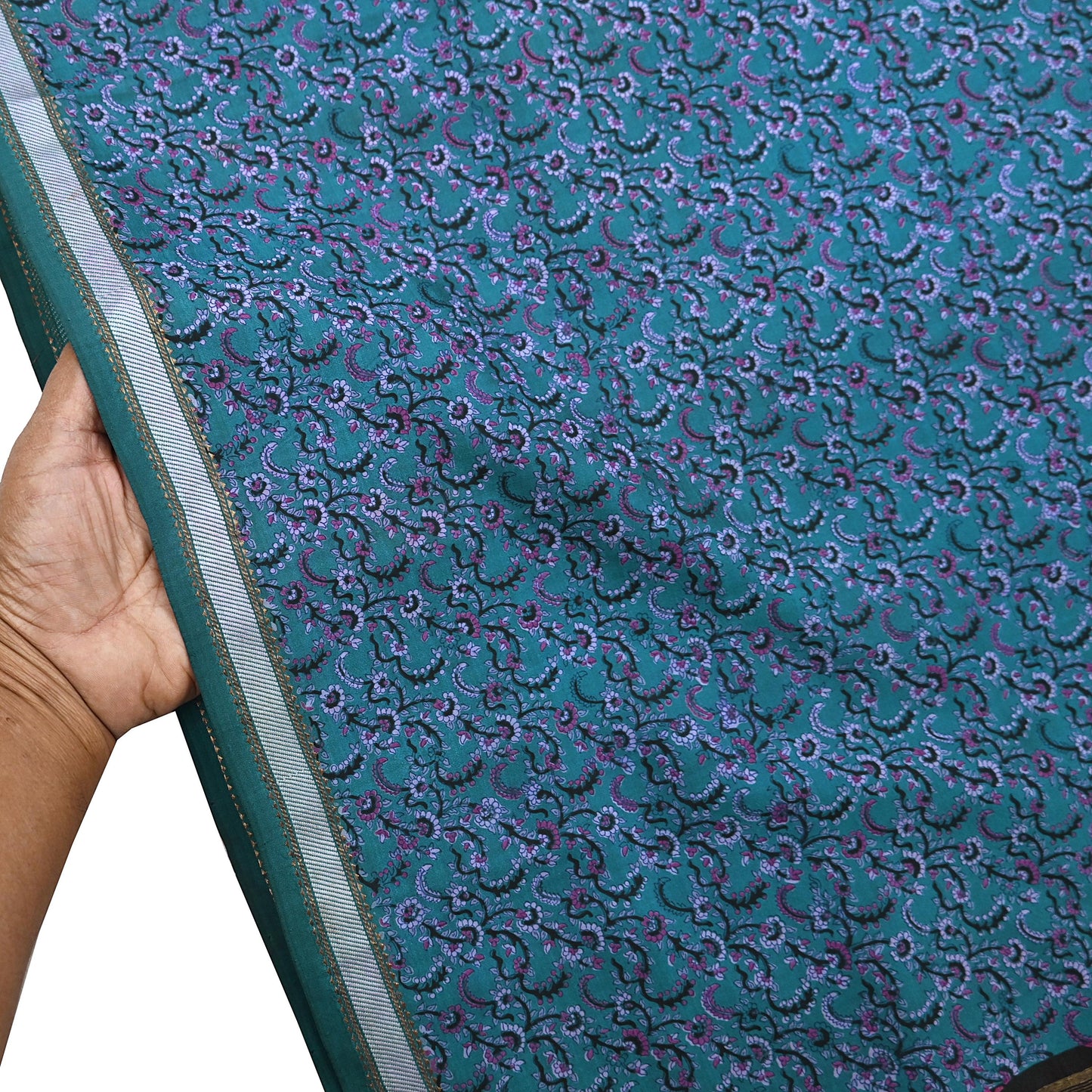 Vintage Sari Teal Blue Pure Silk Printed Saree Fabric 5yard Sewing Soft Dress Designing for Crafting Quilting Upcycle Soft Zari Border