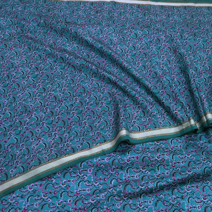 Vintage Sari Teal Blue Pure Silk Printed Saree Fabric 5yard Sewing Soft Dress Designing for Crafting Quilting Upcycle Soft Zari Border