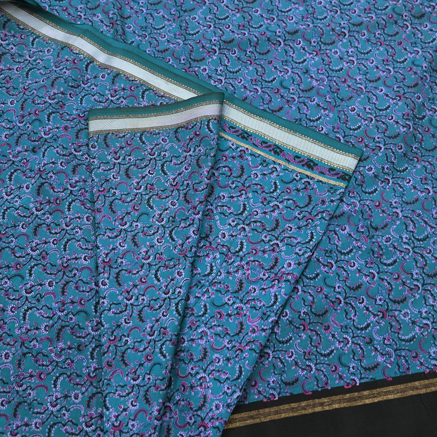 Vintage Sari Teal Blue Pure Silk Printed Saree Fabric 5yard Sewing Soft Dress Designing for Crafting Quilting Upcycle Soft Zari Border