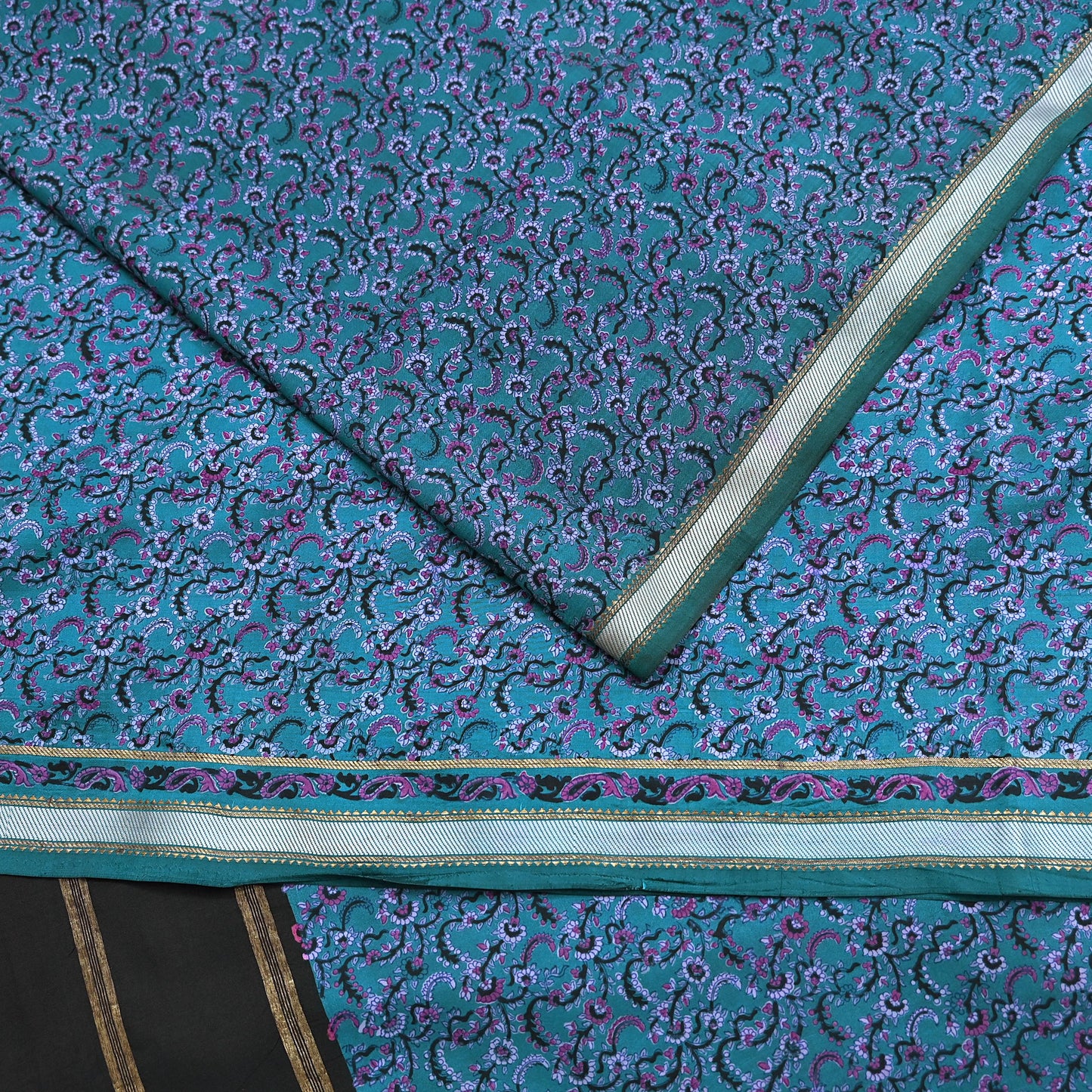 Vintage Sari Teal Blue Pure Silk Printed Saree Fabric 5yard Sewing Soft Dress Designing for Crafting Quilting Upcycle Soft Zari Border