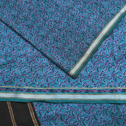 Vintage Sari Teal Blue Pure Silk Printed Saree Fabric 5yard Sewing Soft Dress Designing for Crafting Quilting Upcycle Soft Zari Border