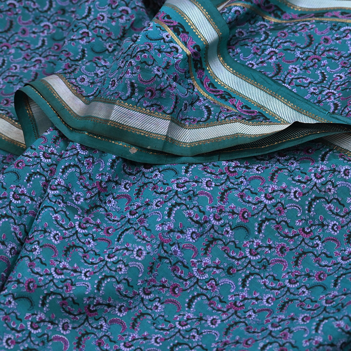 Vintage Sari Teal Blue Pure Silk Printed Saree Fabric 5yard Sewing Soft Dress Designing for Crafting Quilting Upcycle Soft Zari Border