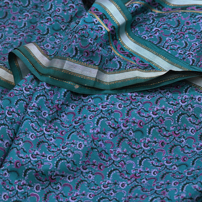 Vintage Sari Teal Blue Pure Silk Printed Saree Fabric 5yard Sewing Soft Dress Designing for Crafting Quilting Upcycle Soft Zari Border