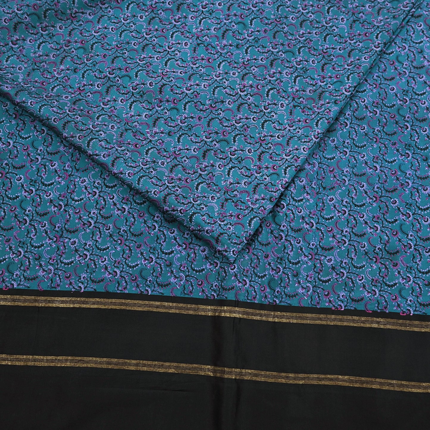 Vintage Sari Teal Blue Pure Silk Printed Saree Fabric 5yard Sewing Soft Dress Designing for Crafting Quilting Upcycle Soft Zari Border