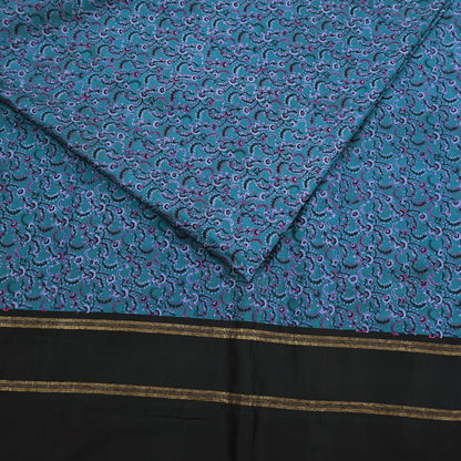 Vintage Sari Teal Blue Pure Silk Printed Saree Fabric 5yard Sewing Soft Dress Designing for Crafting Quilting Upcycle Soft Zari Border
