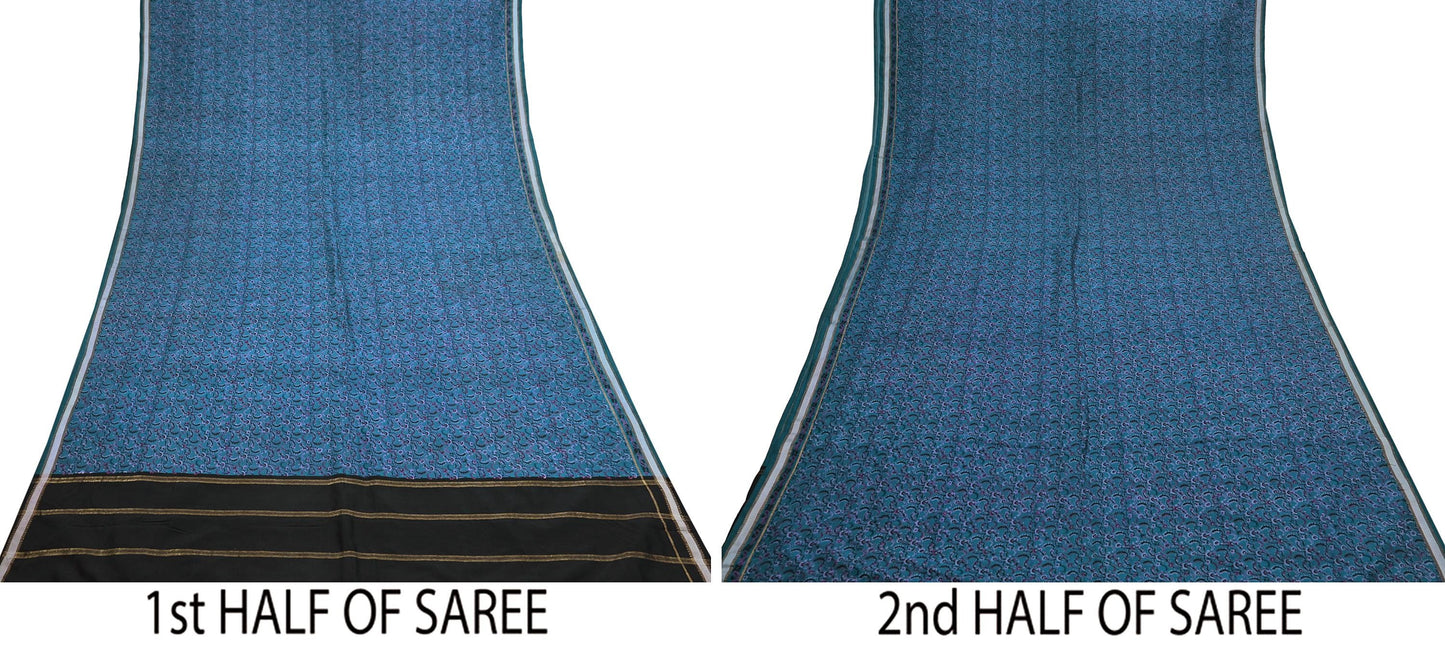 Vintage Sari Teal Blue Pure Silk Printed Saree Fabric 5yard Sewing Soft Dress Designing for Crafting Quilting Upcycle Soft Zari Border