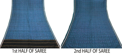 Vintage Sari Teal Blue Pure Silk Printed Saree Fabric 5yard Sewing Soft Dress Designing for Crafting Quilting Upcycle Soft Zari Border